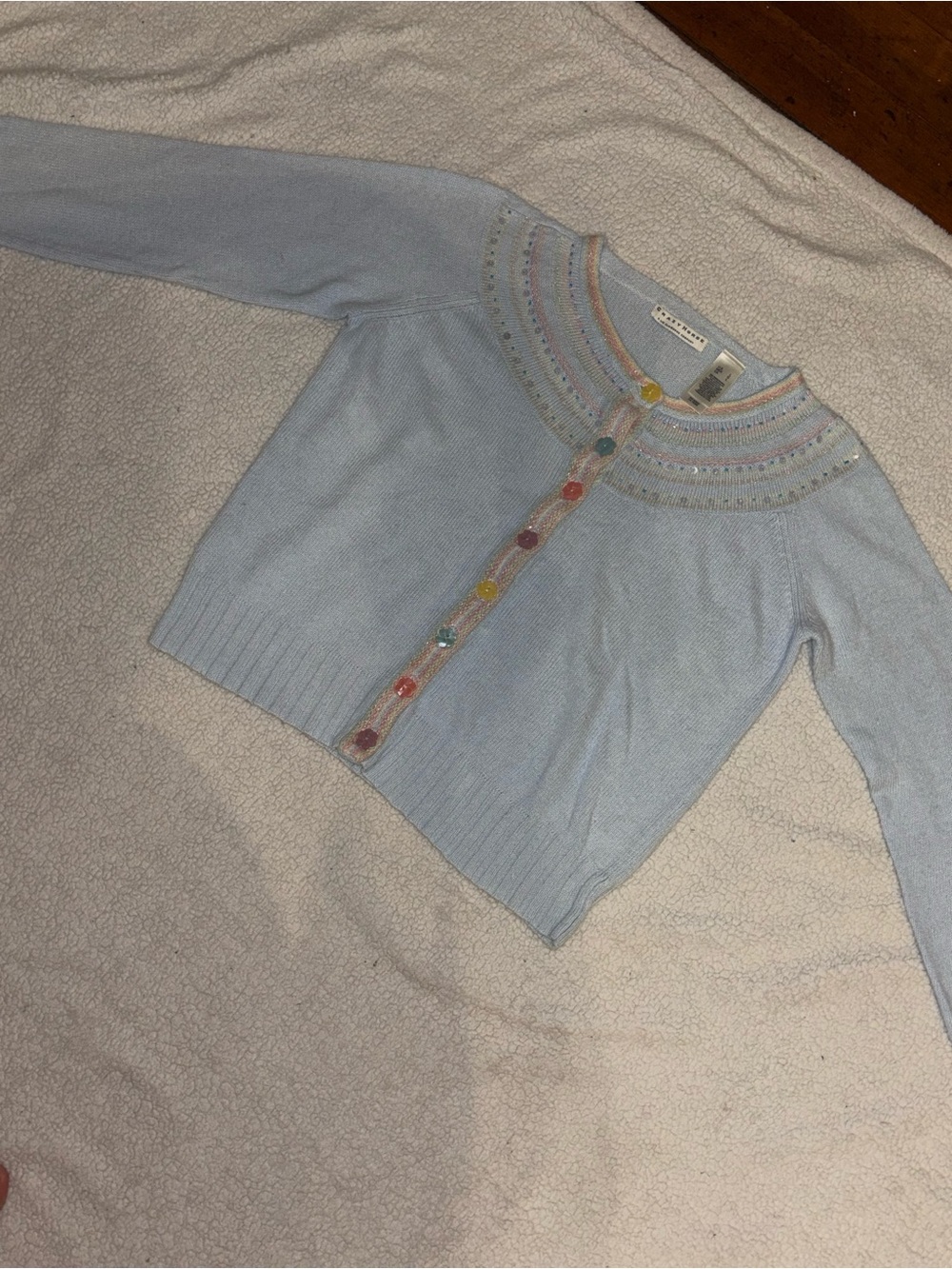 Light Blue Knit Cardigan with Multicolor Button Trim